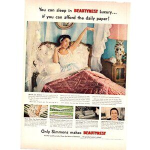 1950 Simmons Beautyrest Mattress Vintage Print Ad Girl's Bedroom Decor Wall Art